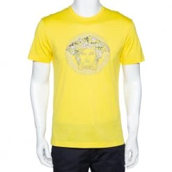 Versace Neon Yellow Cotton Jersey Embroidered Medusa Logo T-Shirt M For Men
