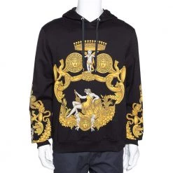 Versace Black & Yellow Baroque Print Cotton Hoodie XL For Men