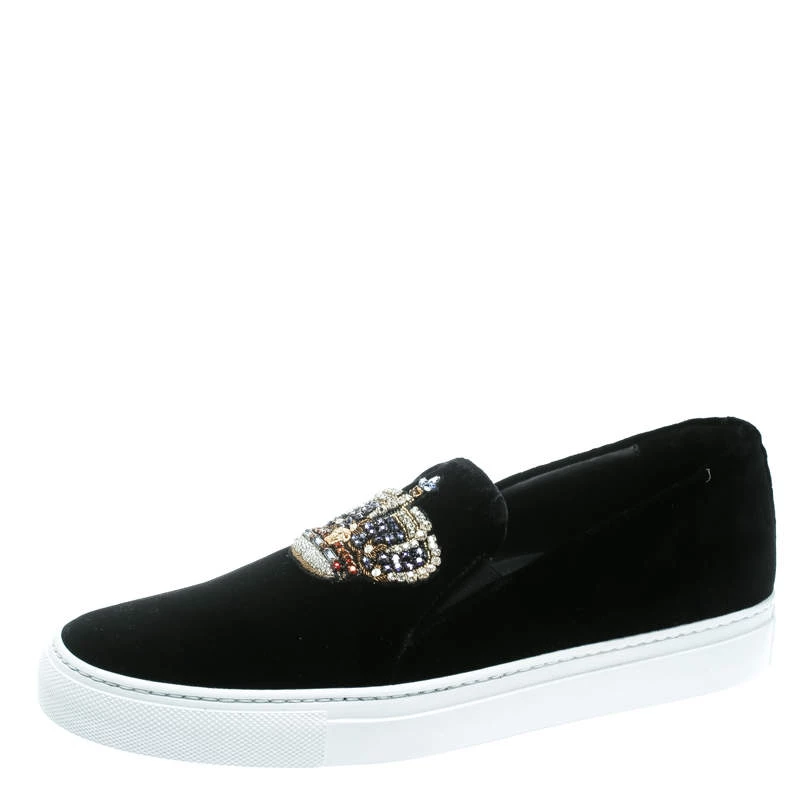 Versace Black Velvet Crystal Embellished Corona Slip On Sneakers Size 40 For Men