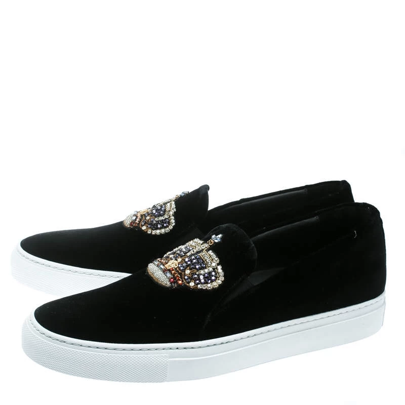 Versace Black Velvet Crystal Embellished Corona Slip On Sneakers Size 40 For Men - Image 4