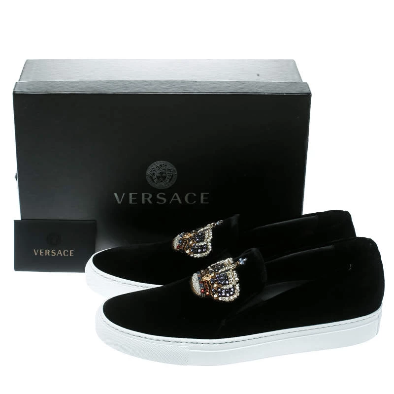 Versace Black Velvet Crystal Embellished Corona Slip On Sneakers Size 40 For Men - Image 8