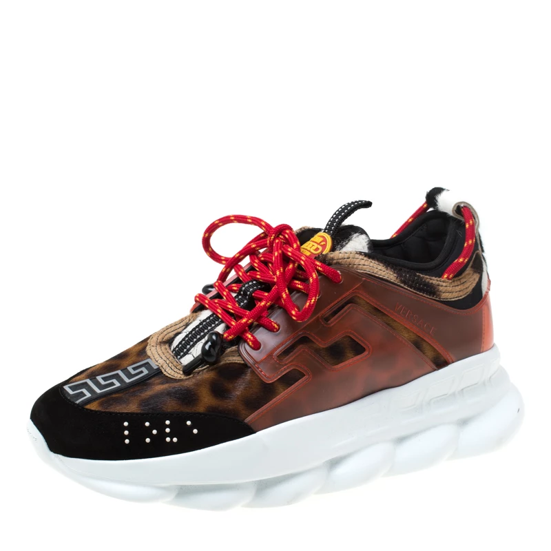 Versace Multicolour Leopard Print Calfhair And Rubber Chain Reaction Lace Up Sneakers Size 43 For Men