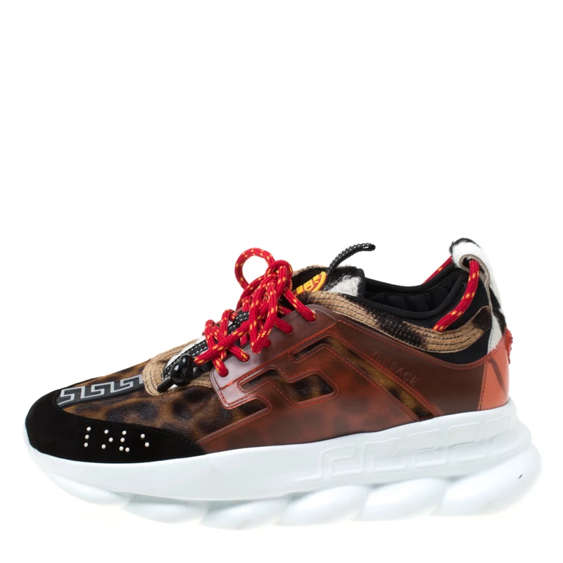Versace Multicolour Leopard Print Calfhair And Rubber Chain Reaction Lace Up Sneakers Size 43 For Men - Image 2