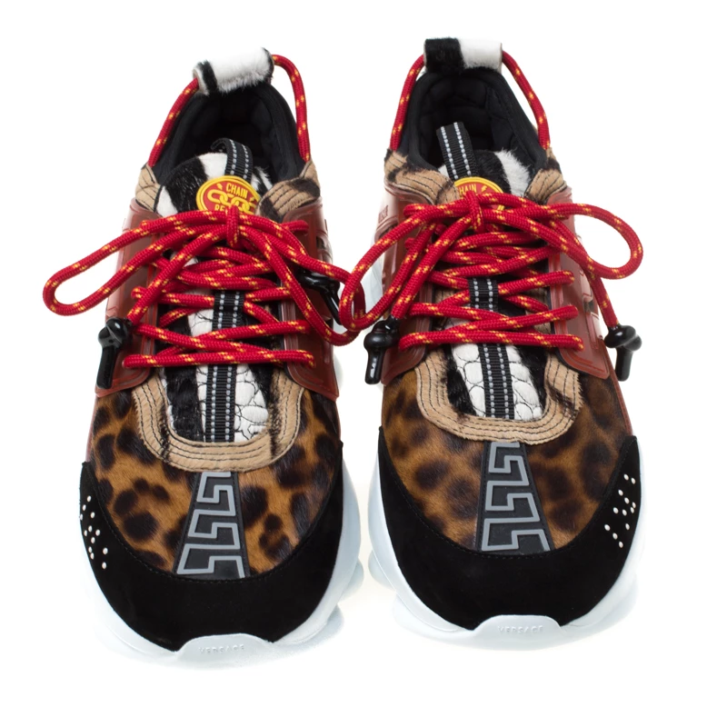 Versace Multicolour Leopard Print Calfhair And Rubber Chain Reaction Lace Up Sneakers Size 43 For Men - Image 3
