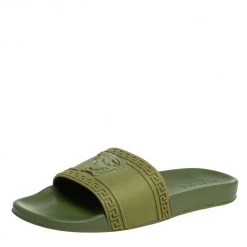 Versace Olive Green Rubber Medusa Slip On Sandal Size 45 For Men