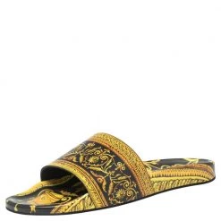 Versace Yellow/Black Baroque Print Rubber Flat Slides Size 41.5 For Men
