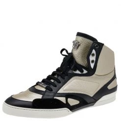 Versace Light Gold/Black Leather And Suede High Top Sneakers Size 45 For Men