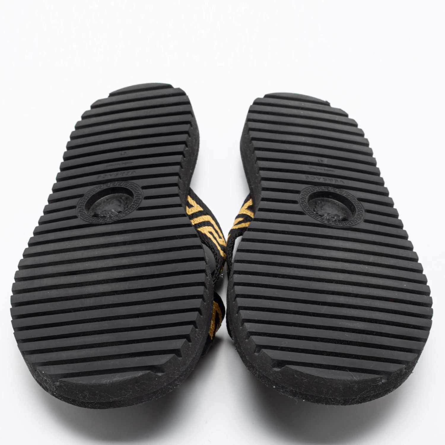 Versace Black/Gold Canvas Nastro Greca Cross Strap Sandals Size 41 For Men - Image 6