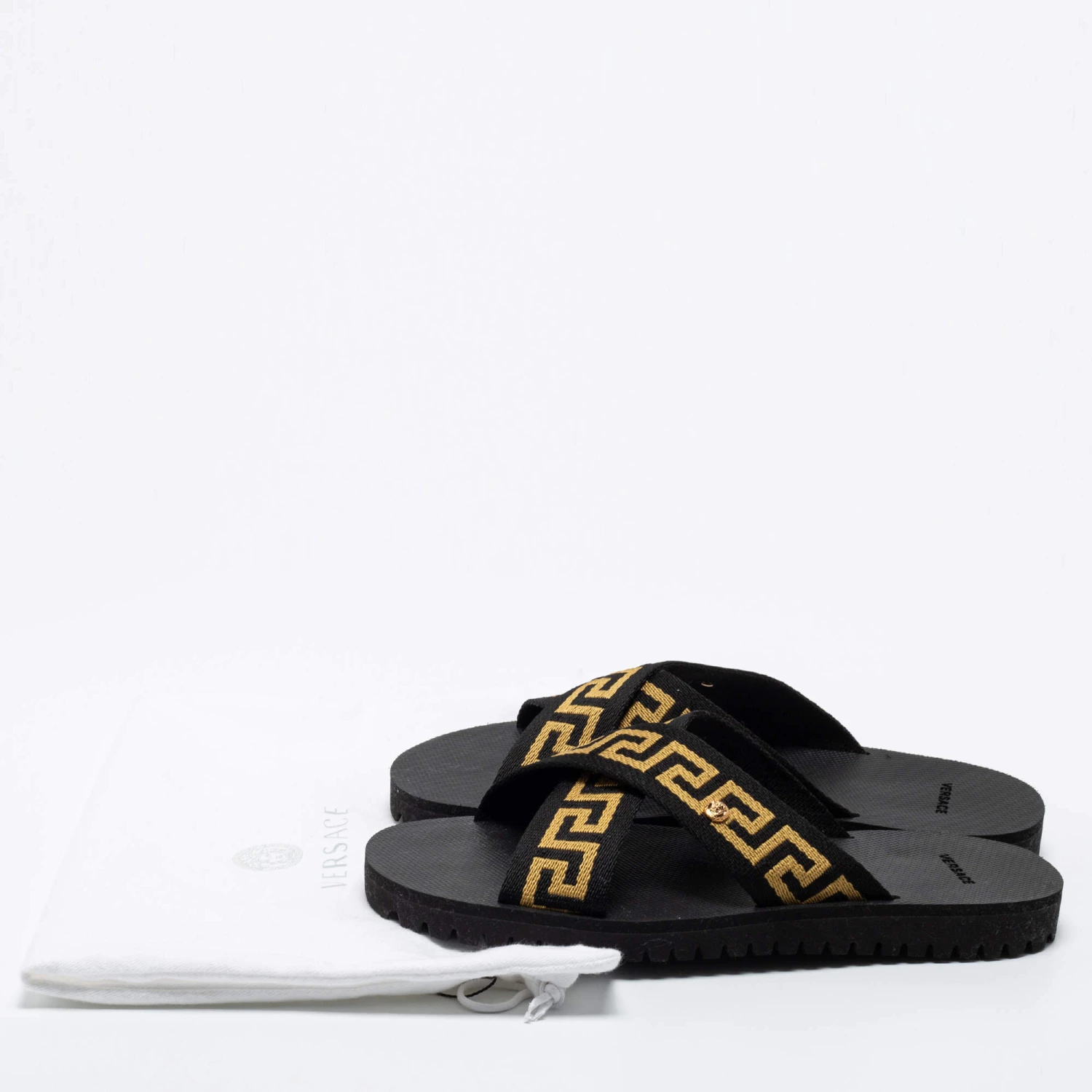 Versace Black/Gold Canvas Nastro Greca Cross Strap Sandals Size 41 For Men - Image 9