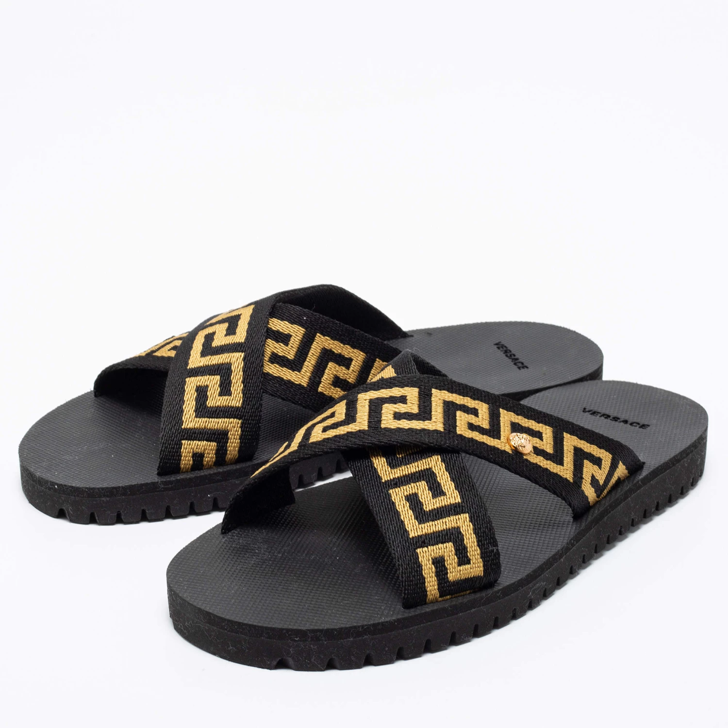 Versace Black/Gold Canvas Nastro Greca Cross Strap Sandals Size 41 For Men - Image 2