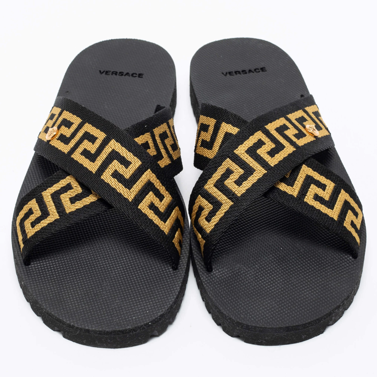 Versace Black/Gold Canvas Nastro Greca Cross Strap Sandals Size 41 For Men - Image 3