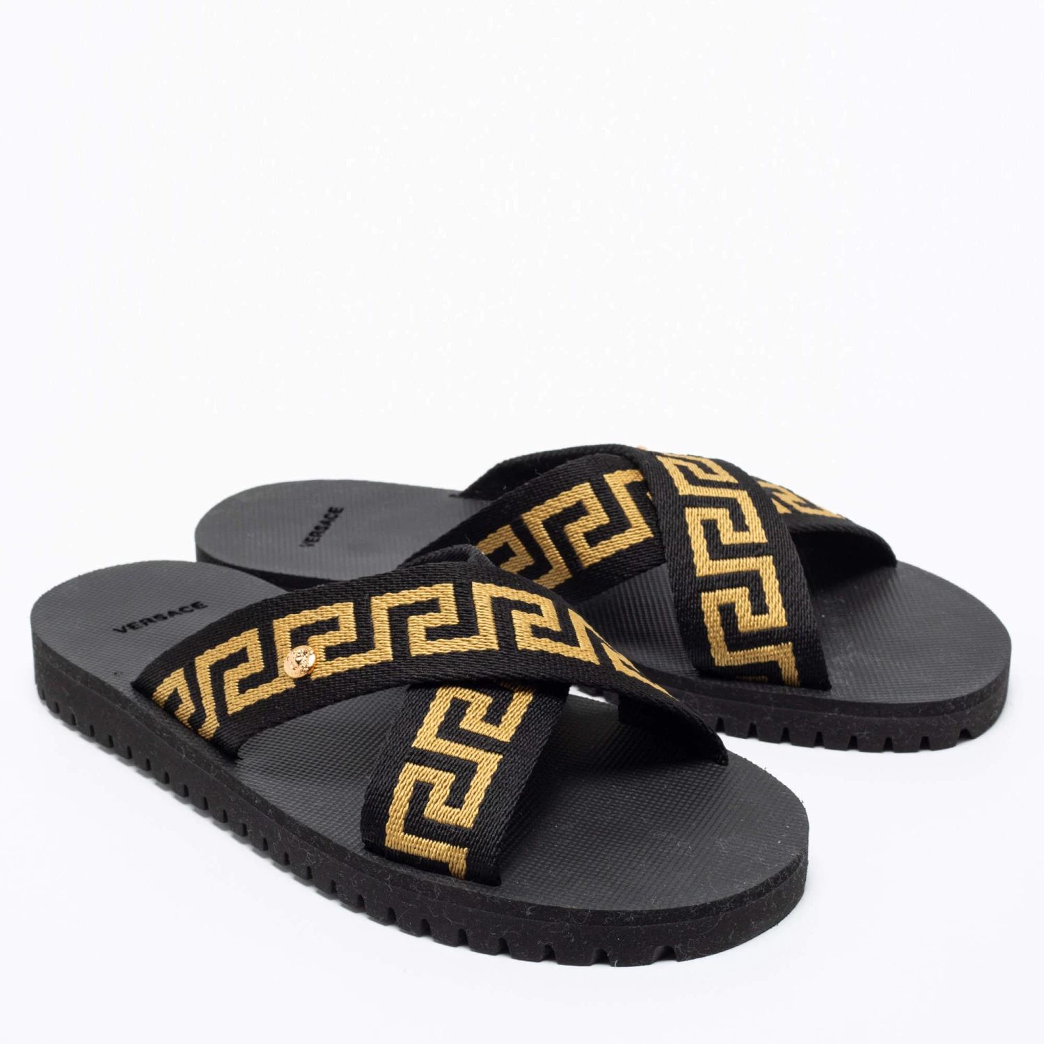 Versace Black/Gold Canvas Nastro Greca Cross Strap Sandals Size 41 For Men - Image 4