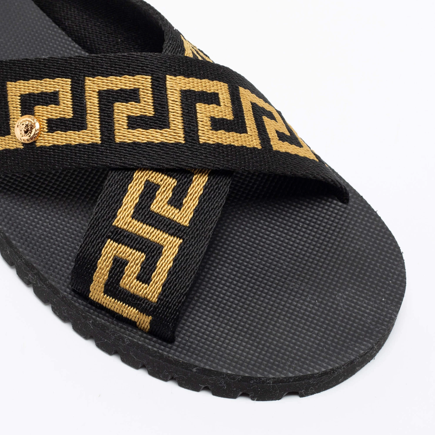 Versace Black/Gold Canvas Nastro Greca Cross Strap Sandals Size 41 For Men - Image 7