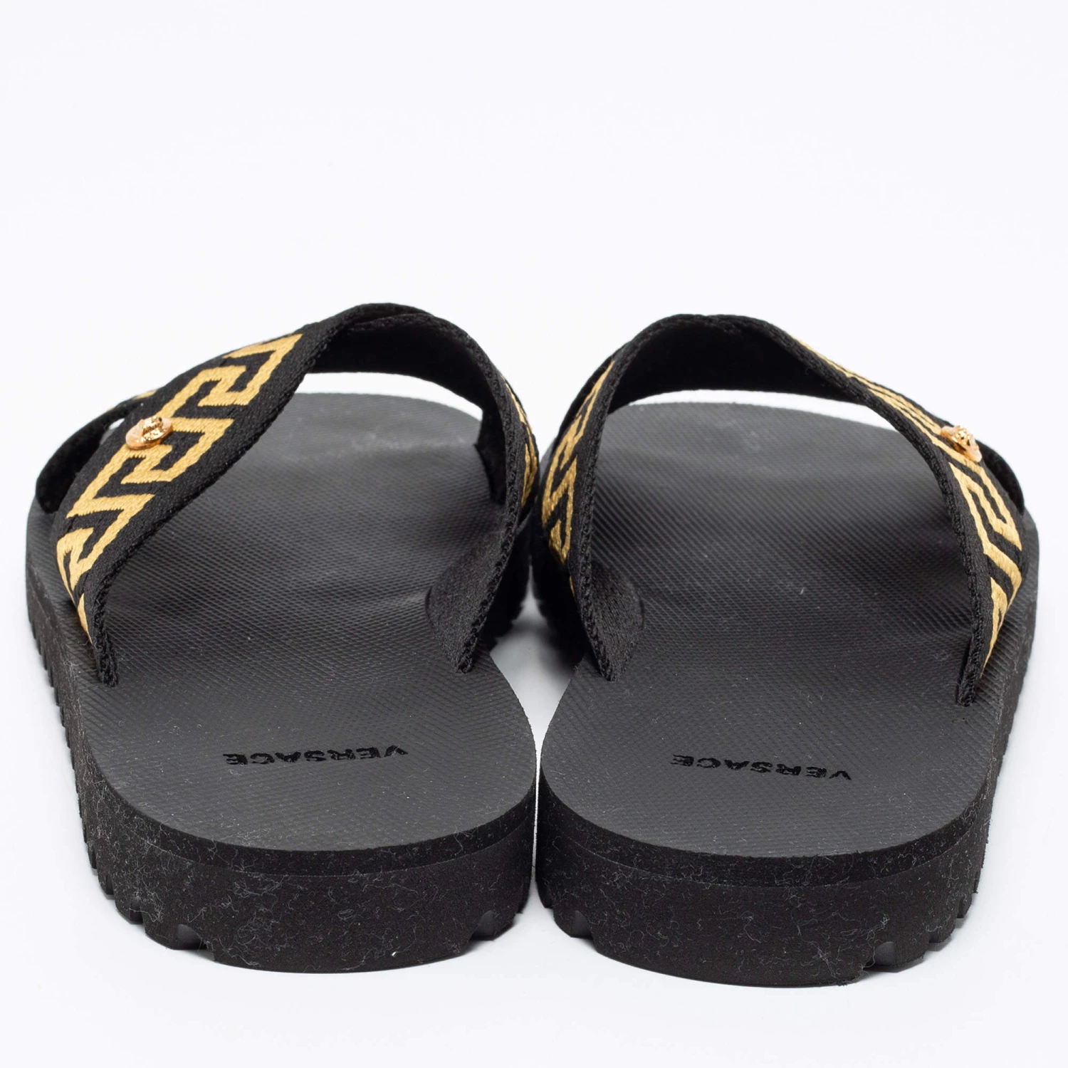 Versace Black/Gold Canvas Nastro Greca Cross Strap Sandals Size 41 For Men - Image 5