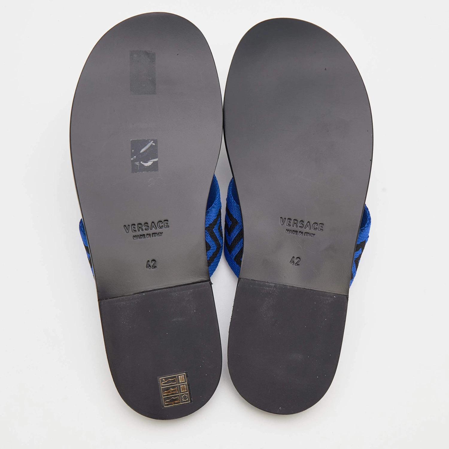 Versace Black/Blue Leather And Fabric Greca Flat Slide Sandals Size 42 For Men - Image 6