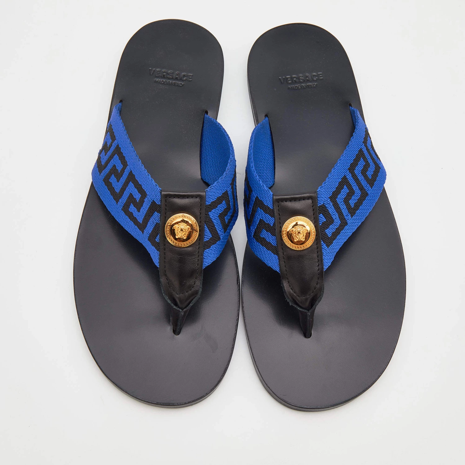 Versace Black/Blue Leather And Fabric Greca Flat Slide Sandals Size 42 For Men - Image 3