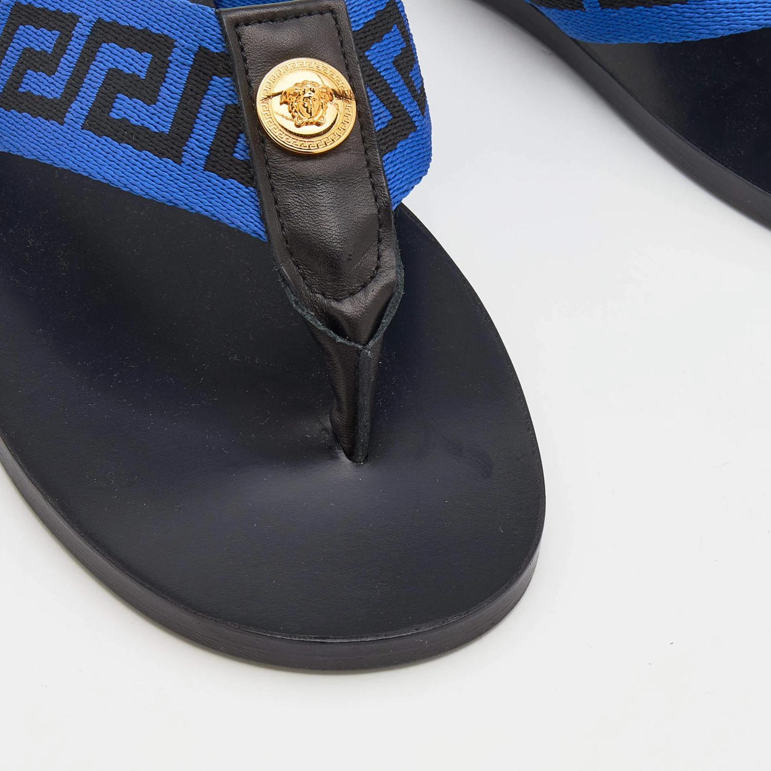 Versace Black/Blue Leather And Fabric Greca Flat Slide Sandals Size 42 For Men - Image 7