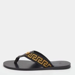 Versace Black/Yellow Leather And Fabric Greca Flat Slide Sandals Size 45 For Men