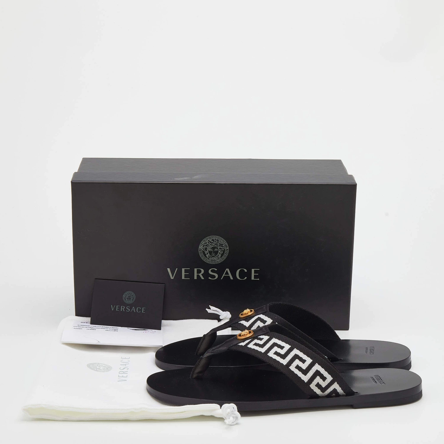 Versace Black/White Leather And Fabric Flat Slide Greca Sandals Size 43 For Men - Image 9