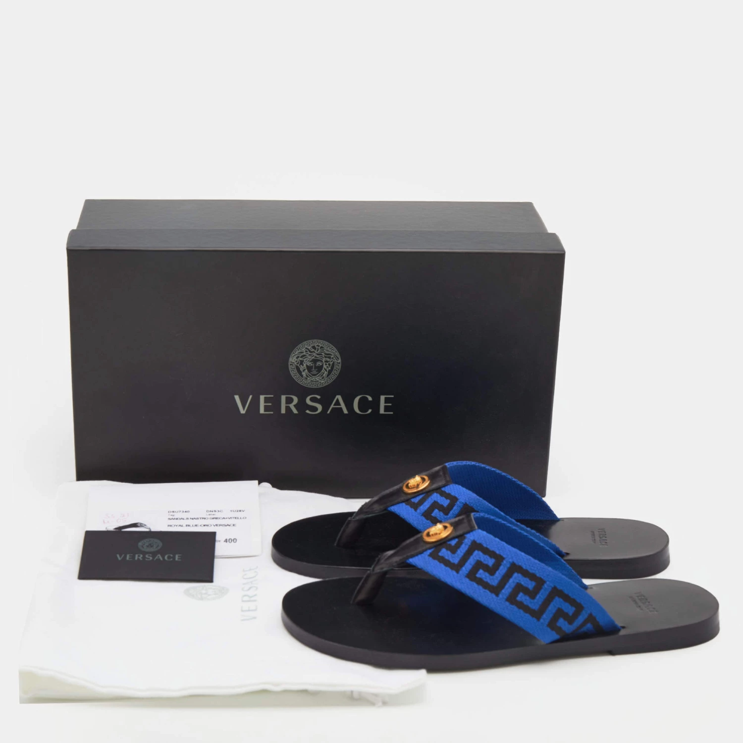 Versace Black/Blue Leather And Fabric Greca Flat Slide Sandals Size 45 For Men - Image 9
