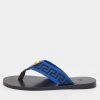 Versace Black/Blue Leather And Fabric Greca Flat Slide Sandals Size 45 For Men