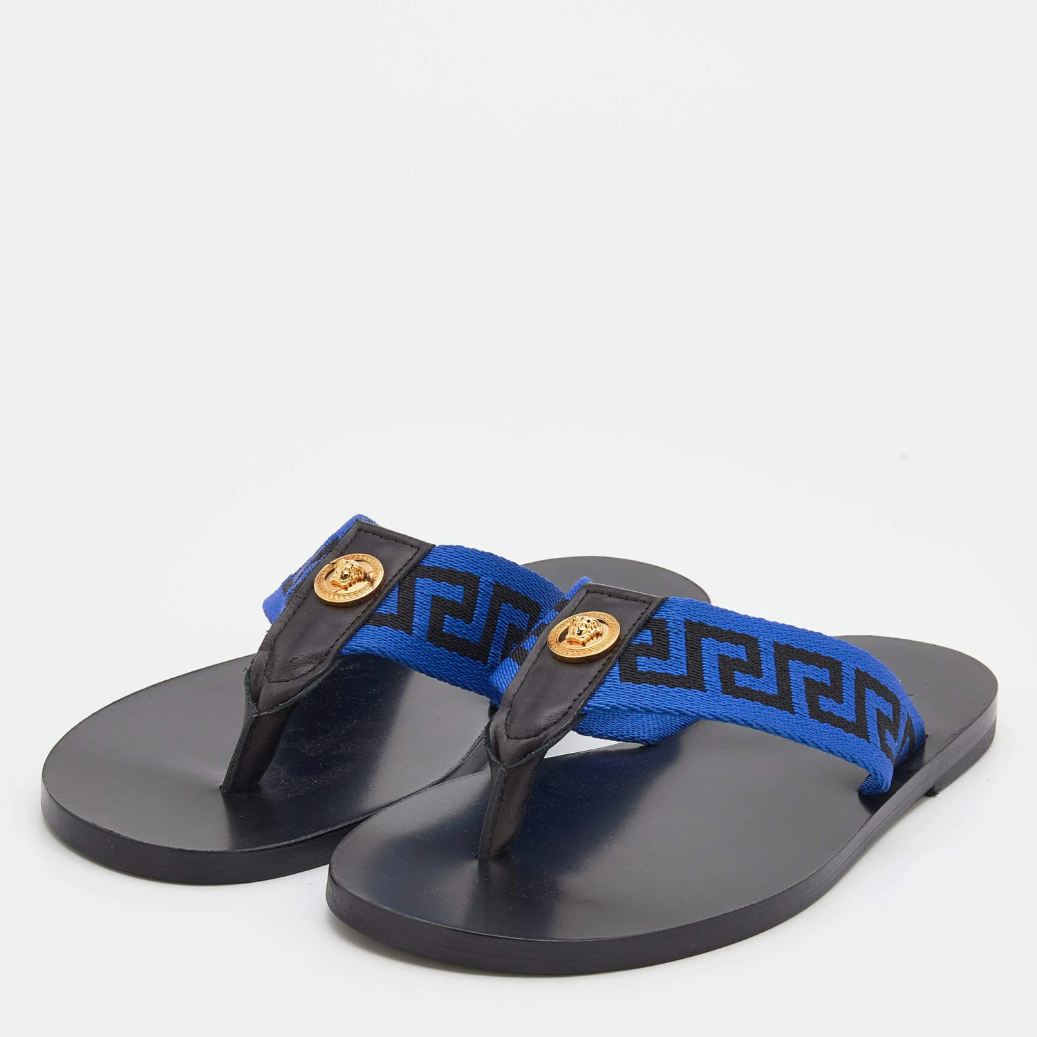 Versace Black/Blue Leather And Fabric Greca Flat Slide Sandals Size 45 For Men - Image 2