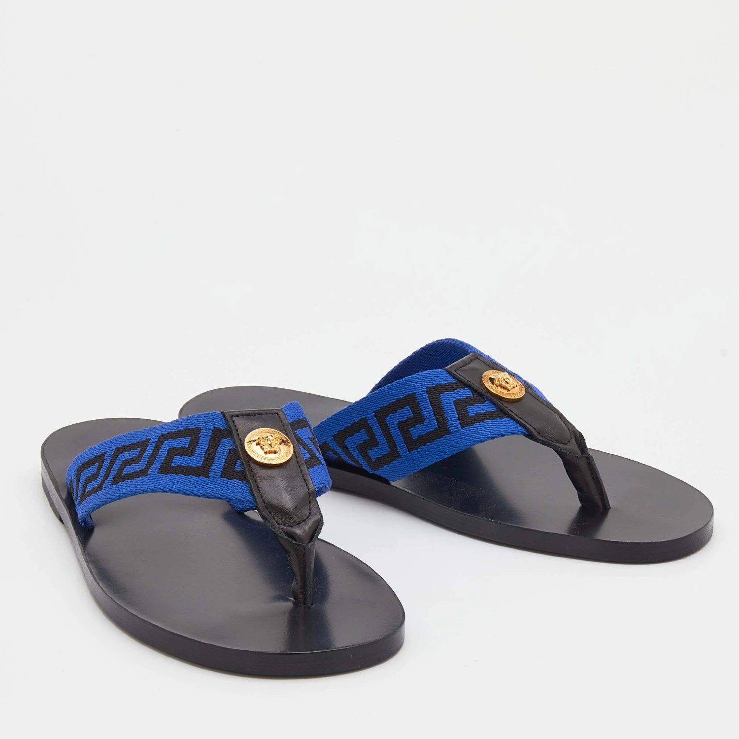 Versace Black/Blue Leather And Fabric Greca Flat Slide Sandals Size 45 For Men - Image 4