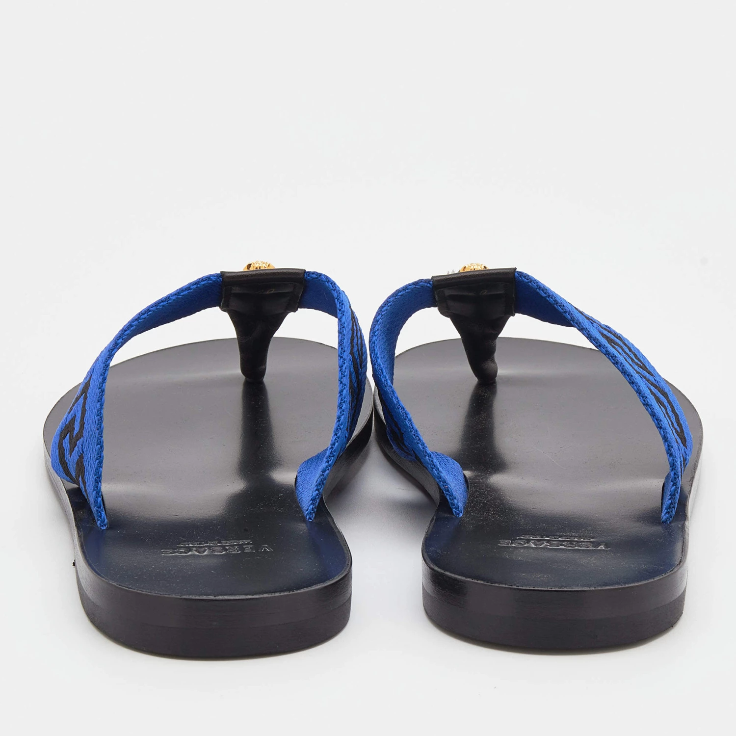 Versace Black/Blue Leather And Fabric Greca Flat Slide Sandals Size 45 For Men - Image 5