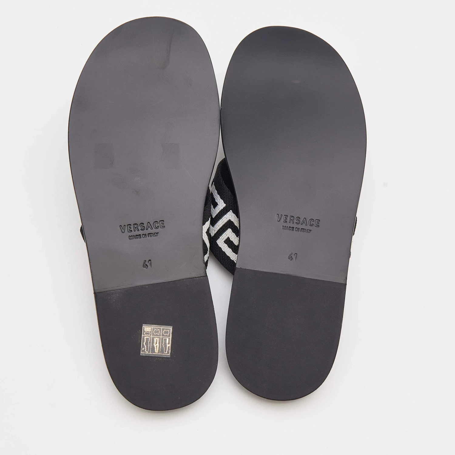 Versace Black/White Leather And Fabric Greca Flat Slide Sandals Size 41 For Men - Image 6