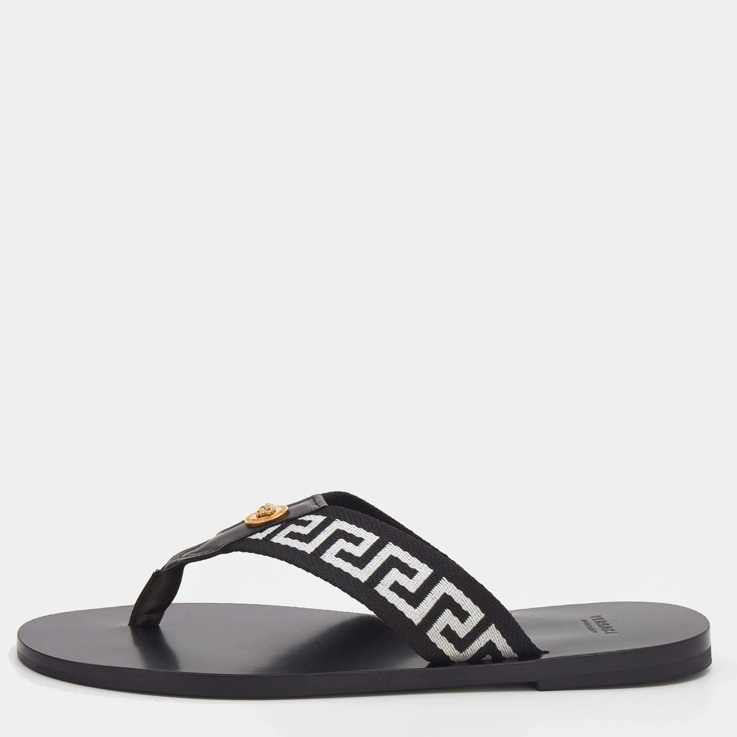 Versace Black/White Leather And Fabric Greca Flat Slide Sandals Size 41 For Men