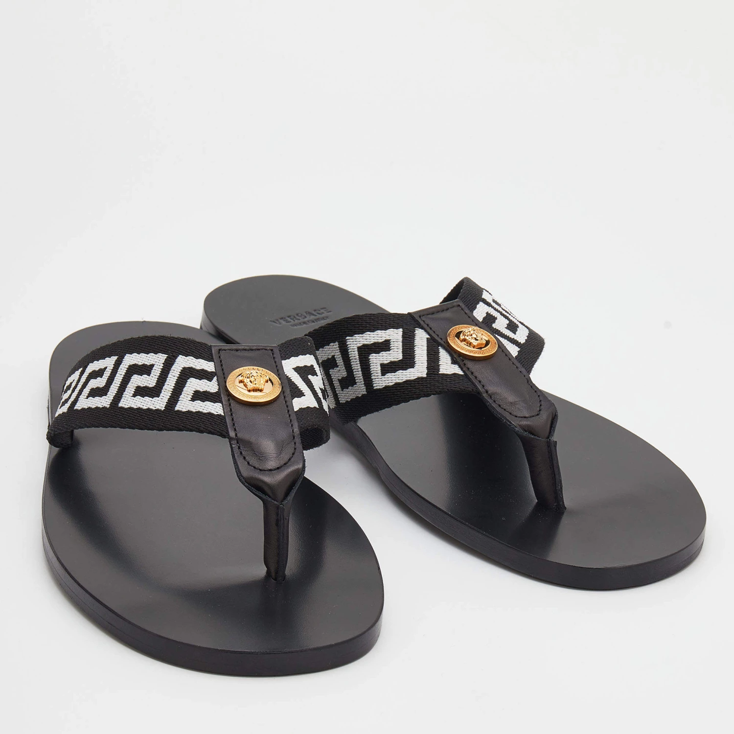 Versace Black/White Leather And Fabric Greca Flat Slide Sandals Size 41 For Men - Image 4