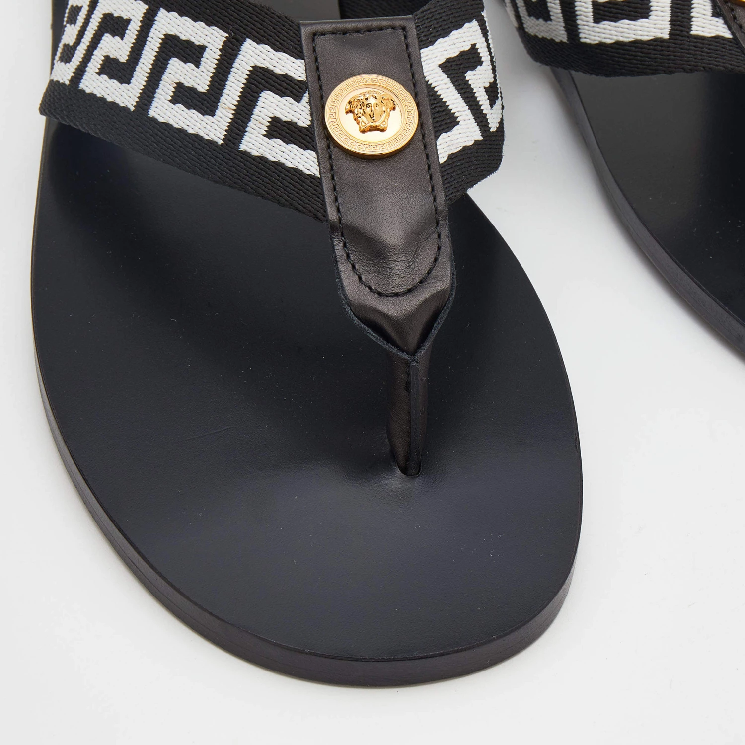 Versace Black/White Leather And Fabric Greca Flat Slide Sandals Size 40 For Men - Image 7