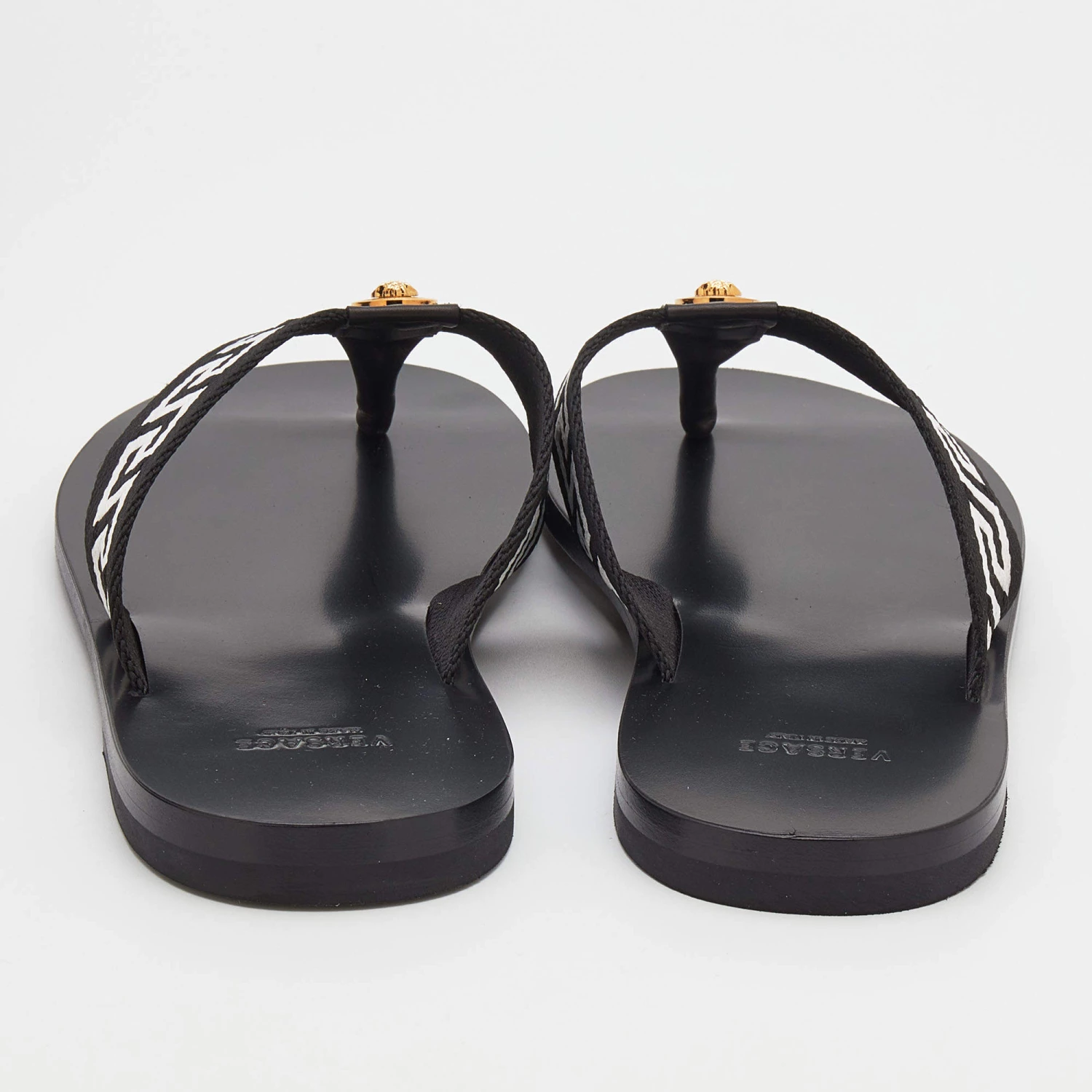 Versace Black/White Leather And Fabric Greca Flat Slide Sandals Size 40 For Men - Image 5