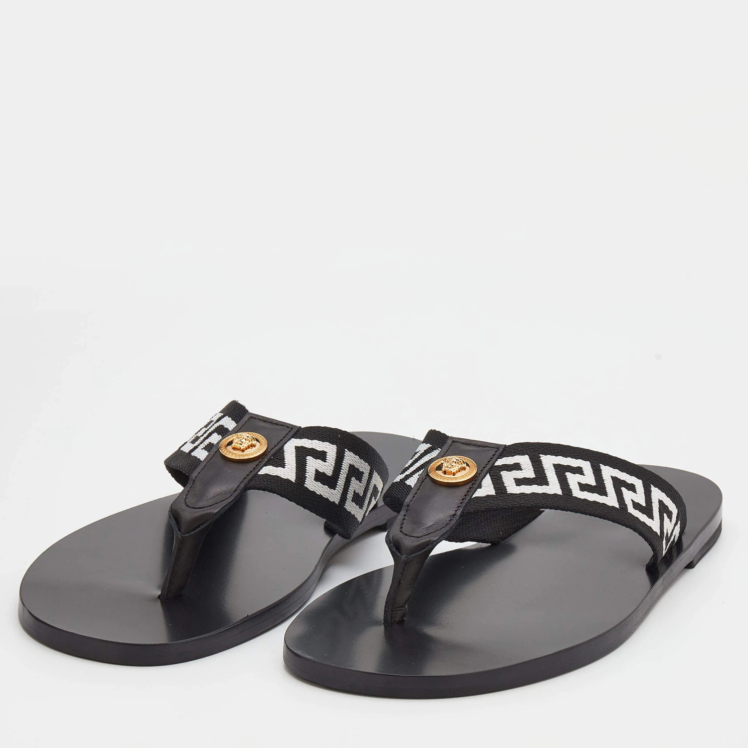 Versace Black/White Leather And Fabric Greca Flat Slide Sandals Size 44 For Men - Image 2