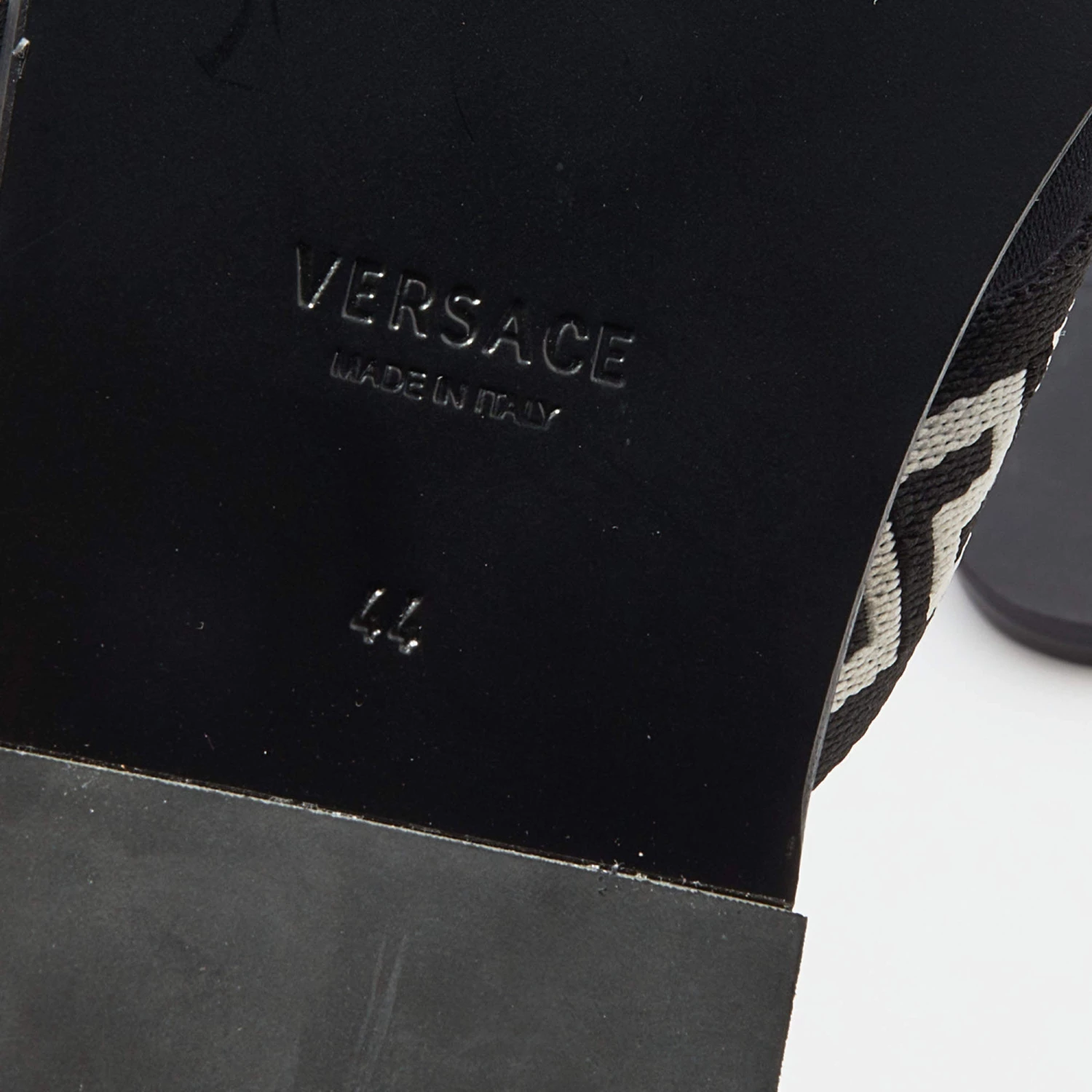 Versace Black/White Leather And Fabric Greca Flat Slide Sandals Size 44 For Men - Image 8