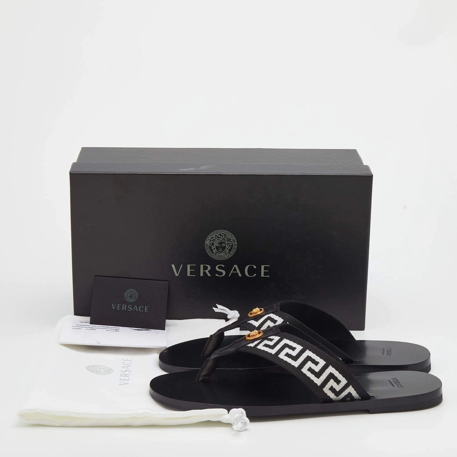 Versace Black/White Leather And Fabric Greca Flat Slide Sandals Size 45 For Men - Image 9