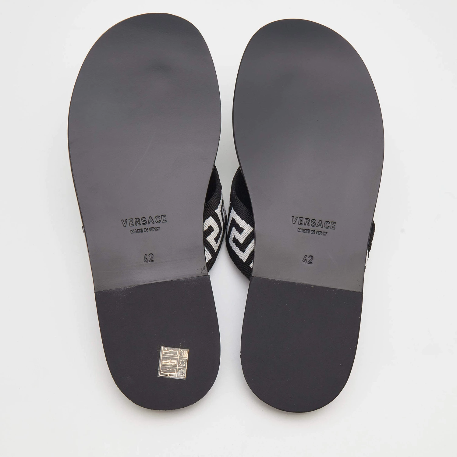 Versace Black/White Leather And Fabric Greca Flat Slide Sandals Size 42 For Men - Image 6