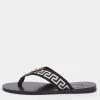 Versace Black/White Leather And Fabric Greca Flat Slide Sandals Size 42 For Men