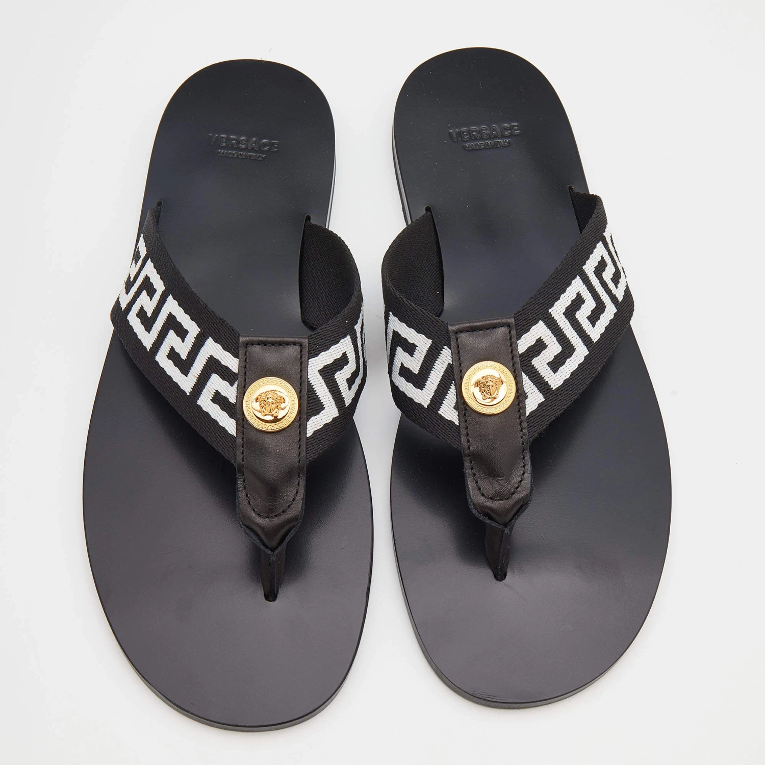 Versace Black/White Leather And Fabric Greca Flat Slide Sandals Size 42 For Men - Image 3