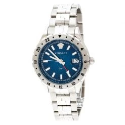 Versace Blue Stainless Steel Hellenyium GMT V11 Men's Wristwatch 42 Mm For Men