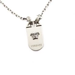 Versace Medusa Silver Tone Tag Pendant Necklace For Men