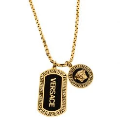 Versace Black Enamel Double Tag Gold Tone Chain Link Long Necklace For Men