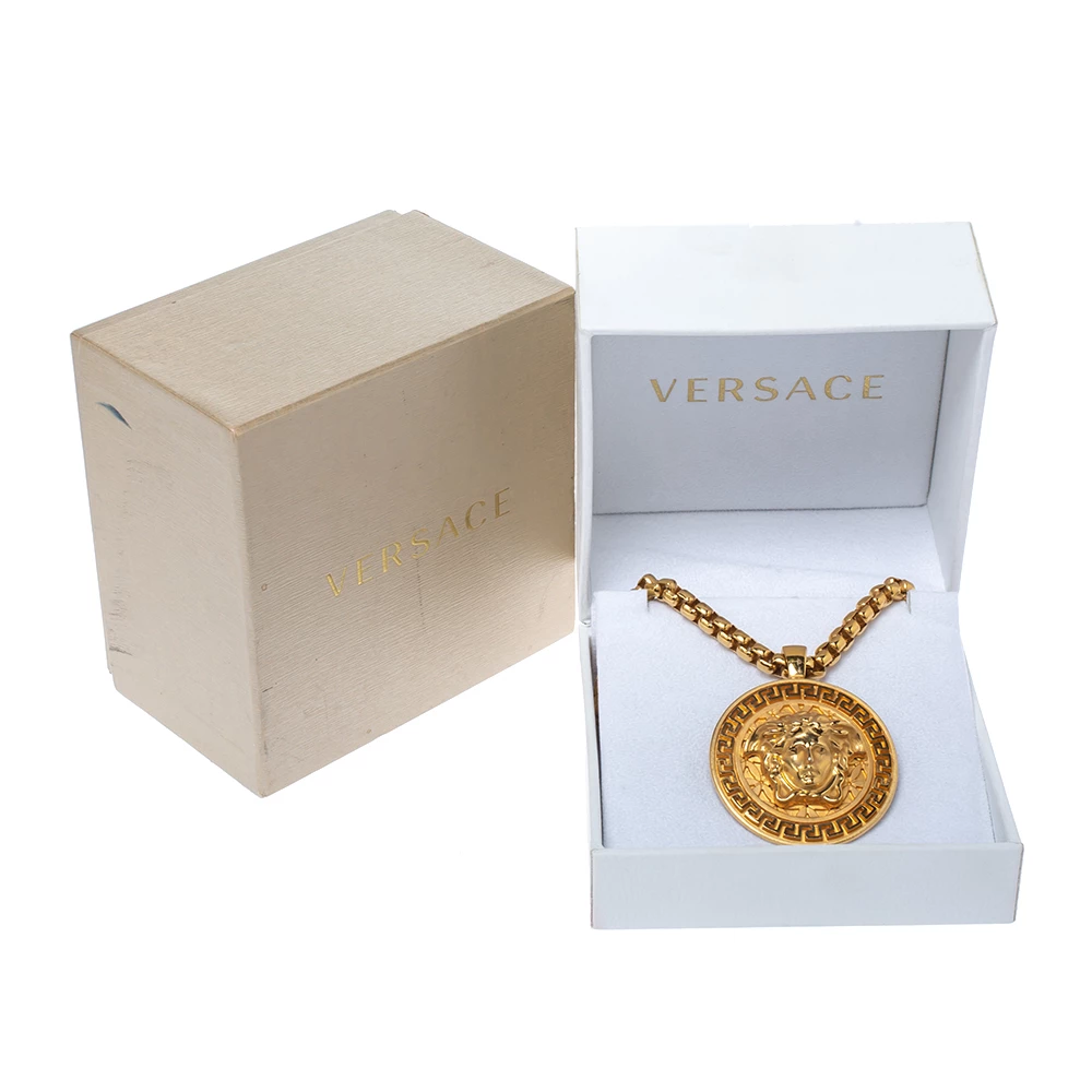 Versace Medusa Gold Tone Chain Link Medallion Pendant Necklace For Men - Image 7