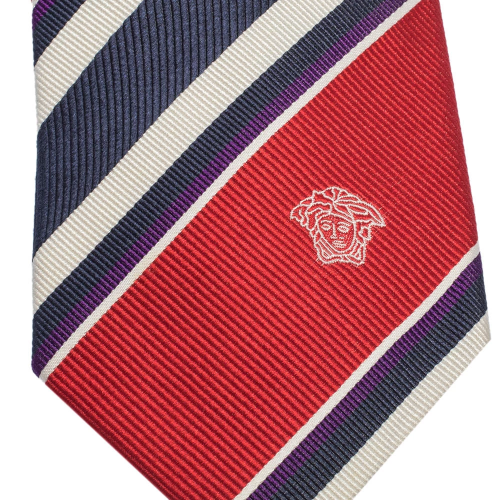 Versace Red & Blue Diagonal Striped Silk Jacquard Tie For Men - Image 2
