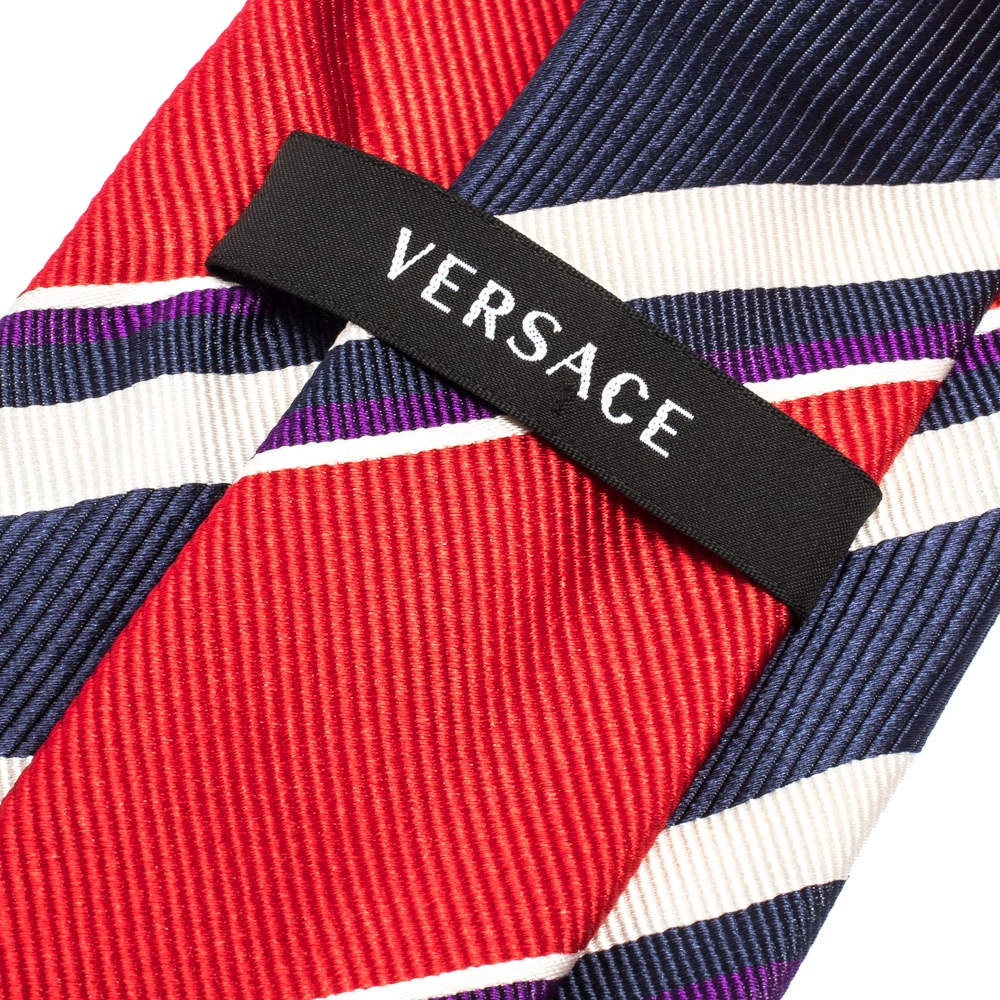 Versace Red & Blue Diagonal Striped Silk Jacquard Tie For Men - Image 3