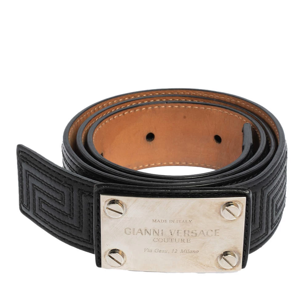 Versace Black Quilted Leather Logo Plaque Buckle Belt 90 CM For Men - Image 2