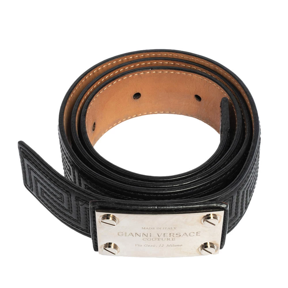Versace Black Quilted Leather Logo Plaque Buckle Belt 90 CM For Men - Image 3
