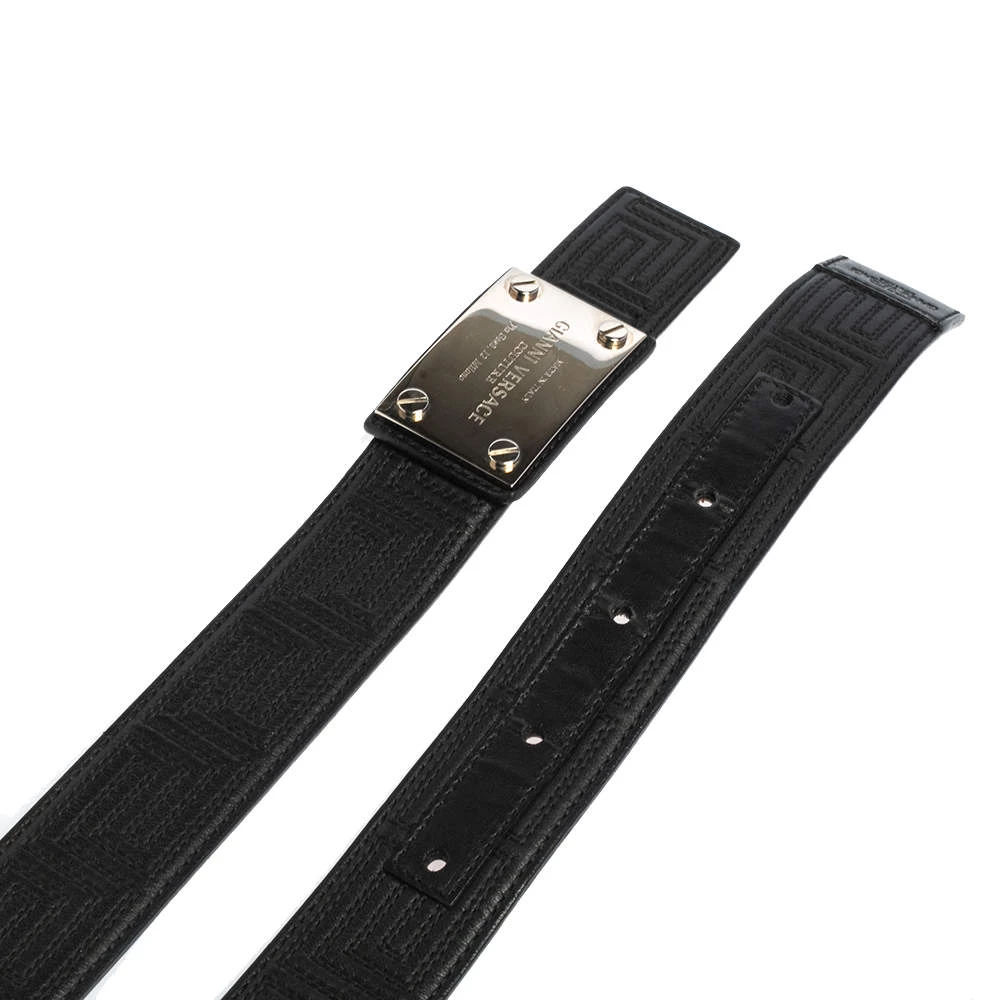 Versace Black Quilted Leather Logo Plaque Buckle Belt 90 CM For Men - Image 4