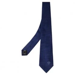 Versace Blue Striped Medusa Detail Silk Tie For Men