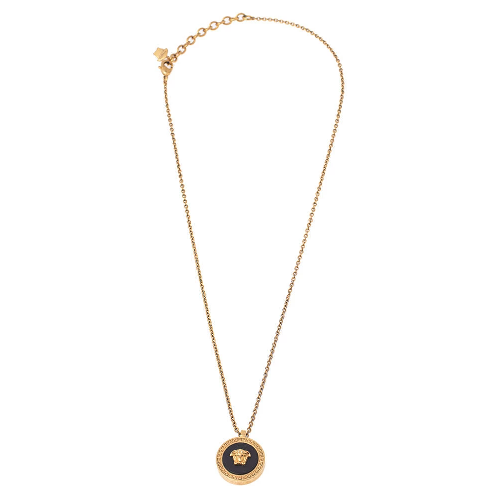 Versace Gold Tone Black Resin Medusa Head Pendant Necklace For Men - Image 2